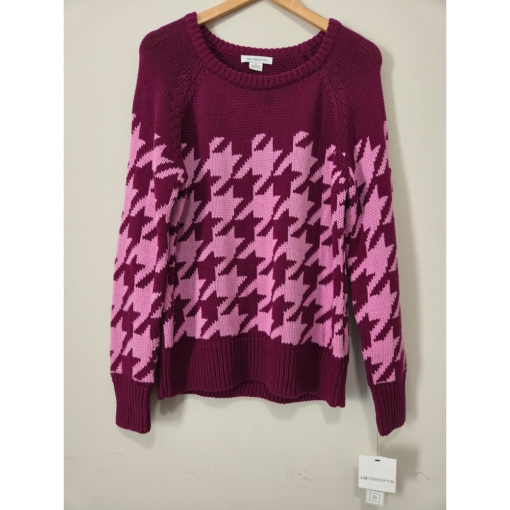Liz Claiborne Womens Pink Magenta Houndstooth Crewneck Knit Sweater Large NWT